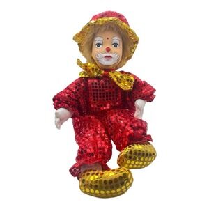 Hand Painted Ceramic Face Clown Doll w/ Red & Gold Sequin "Bling" Costume - 18"H